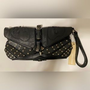 Diesel Baron Clutch Wristlet Genuine Leather Black Studs NWT spike punk
